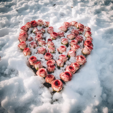 Roses on the snow in the shape of a heartの素材