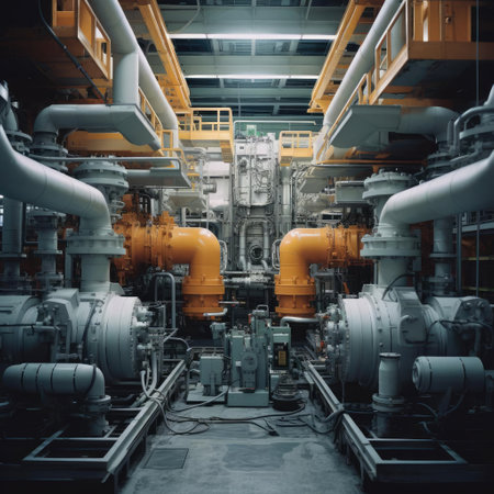 Large factory room with large pipes and barrelsの素材