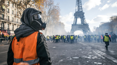 French orange vests on the streets with policeの素材