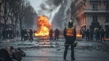 French orange vests on the streets with policeの素材