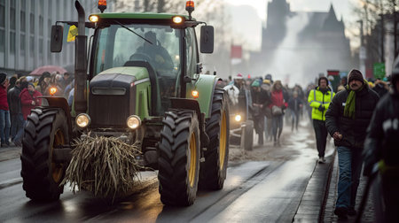 German farmers on the streets of Germany with policeの素材