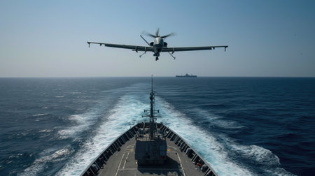 A drone attacks a transport ship at seaの素材