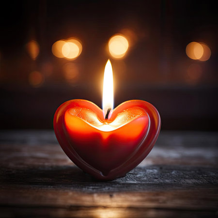 Burning candle in the shape of a heartの素材