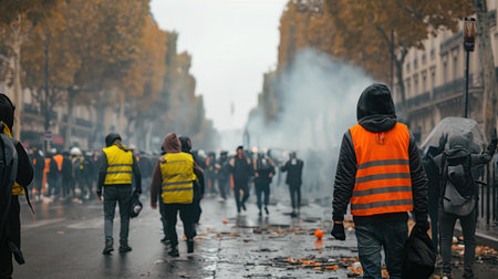 French orange vests on the streets with policeの素材