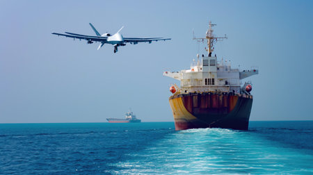 A drone attacks a transport ship at seaの素材