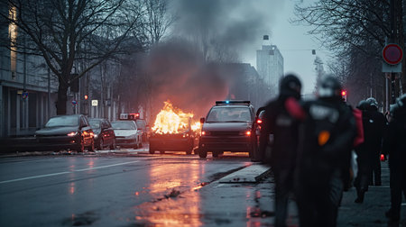 German farmers on the streets of Germany with policeの素材