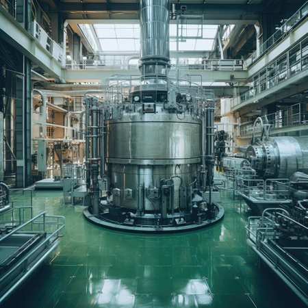 Large factory room with large pipes and barrelsの素材
