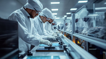 A team of specialists in white uniforms work at a chip factoryの素材