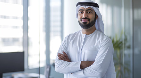 Happy Arab man in office dressed in kanduraの素材