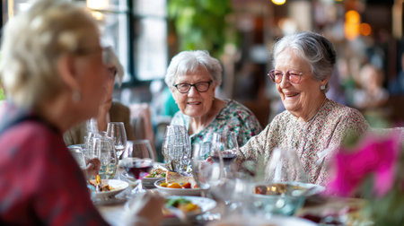 Senior women sitting at table and eatingの素材