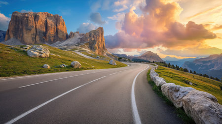 Mountain road and sunsetの素材