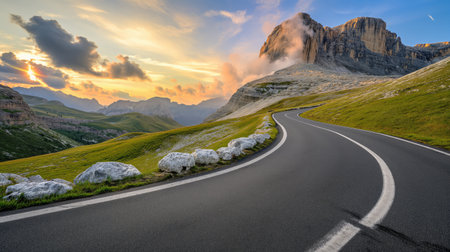 Mountain road and sunsetの素材