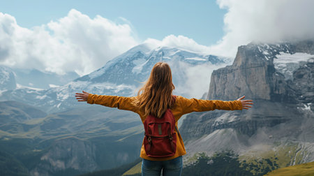 Behind a girl standing in front of a high mountainの素材