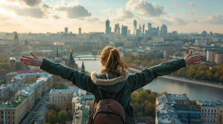 Behind a girl standing in front of a European cityの素材