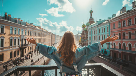 Behind a girl standing in front of a European cityの素材