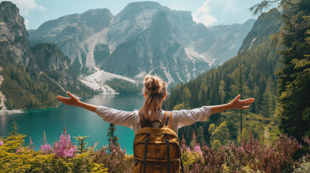 Behind a girl standing in front of a high mountainの素材