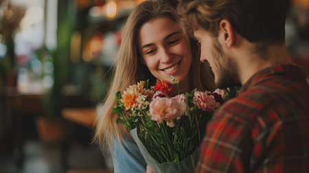 A young guy gives his girlfriend flowersの素材