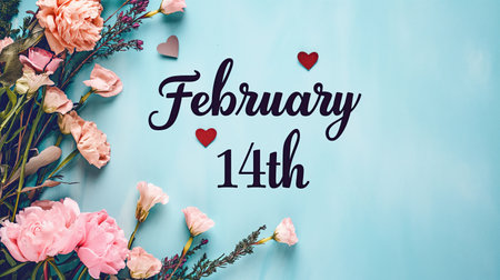 Text February 14 decorated with flowersの素材