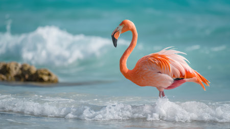 Close shot of a flamingo at seaの素材