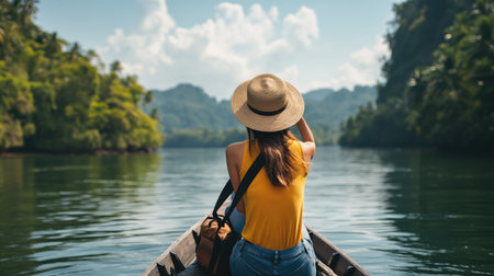 Girl sailing in a boat on a tropical river among rocks and forestの素材