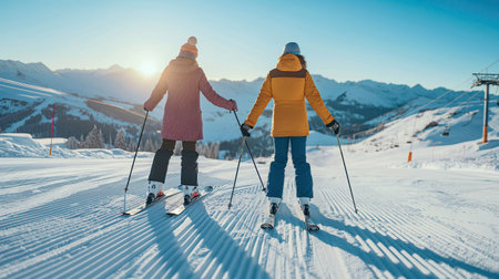 Young couple skiing in the mountainsの素材