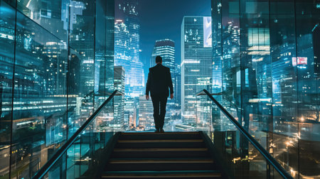 Businessman climbing stairs among night office buildingsの素材