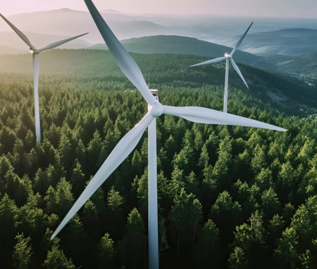 Industrial Electric Wind Farms in the Midst of a Green Forestの素材