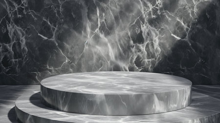 Grey marble background with round pedestalsの素材