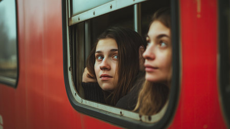 Young woman looking out of train windowの素材