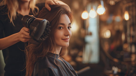 Hairdresser doing hairstyle to young womanの素材