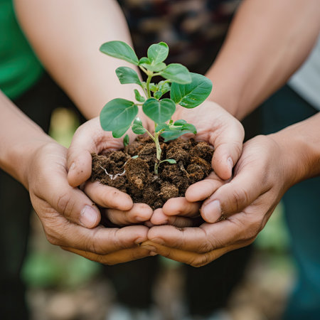Several hands holding a small plant with soilの素材