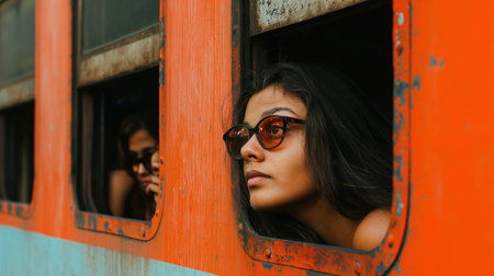 Young woman looking out of train windowの素材