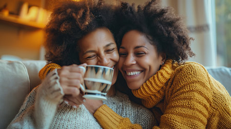Joyful mom and daughter drinking tea and huggingの素材