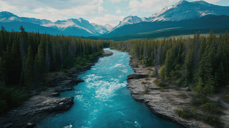 High shot on river in the middle of the forestの素材