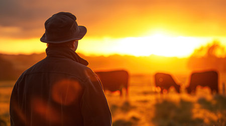 Farmer inspecting pasture with herd of livestockの素材