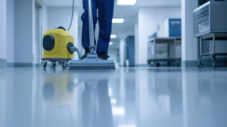 One cleaner mopping the floor in an office without peopleの素材