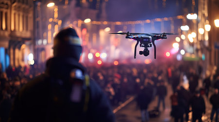 Police officer using drone to monitor crowdの素材