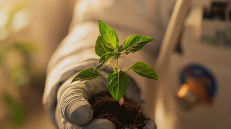 Astronaut holding plants in his hands on an alien planetの素材