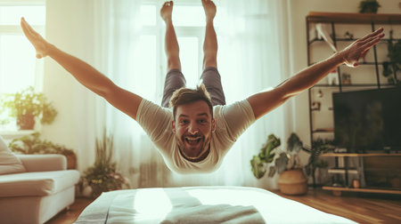 Joyful man doing gymnastics at homeの素材
