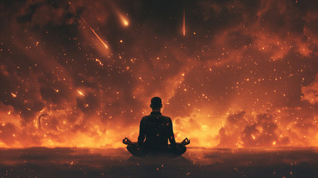 Man sitting in lotus position on background of falling meteoritesの素材