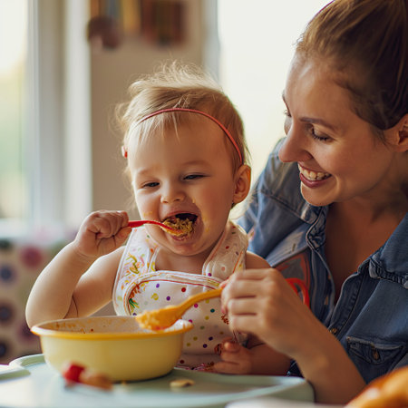 Mom feeding her baby with a spoonの素材