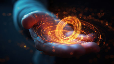 Luminous circles and a mans handの素材