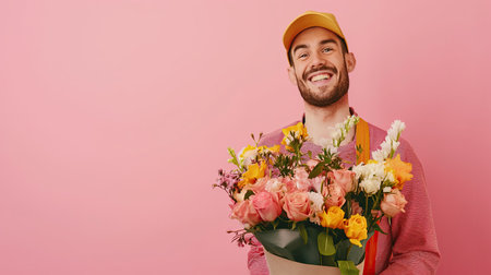 Joyful flower delivery man with bouquet of flowersの素材
