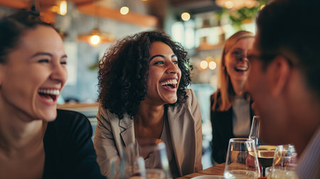 Colleagues in a cafe at a business lunch laughing at a jokeの素材