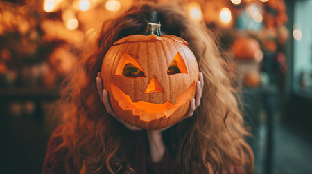 Girl holding a pumpkin for Halloween in front of her headの素材