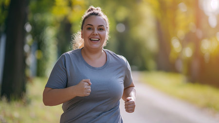Chubby young woman in sportswear jogging in the parkの素材