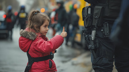 Little girl wagging her finger at police officers on the streetの素材
