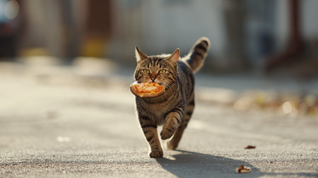 A cat drags a stolen slice of pizza down the street in its teethの素材