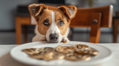 Dog in front of a plate of bitcoinsの素材