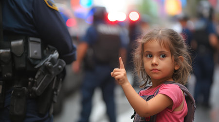 Little girl wagging her finger at police officers on the streetの素材